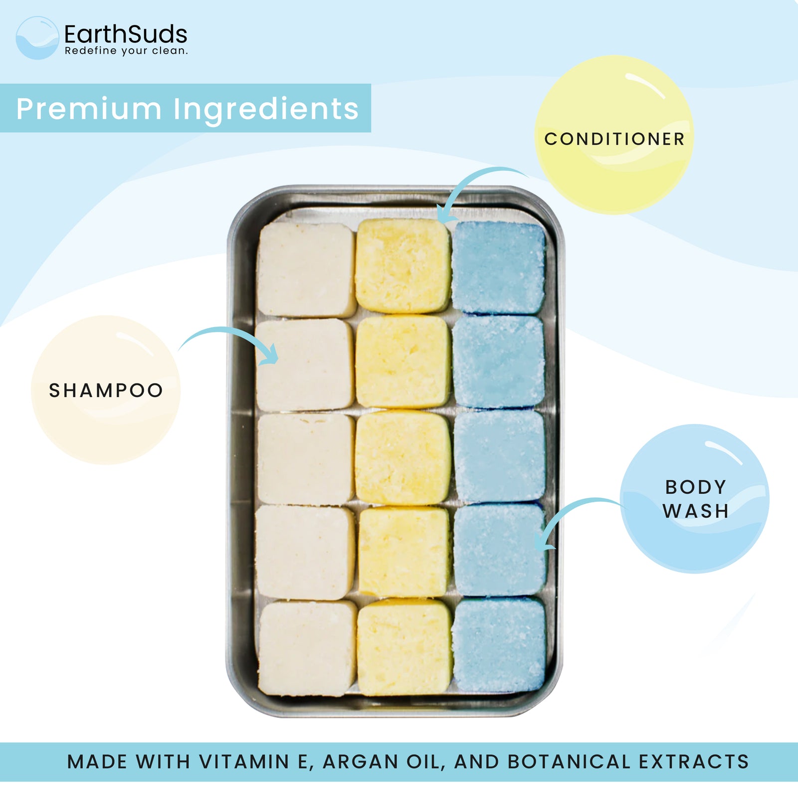 Camping shampoo, conditioner, and body wash tablets. Made from premium ingredients such as vitamin E and argan oil. Biodegradable, travel shampoo.
