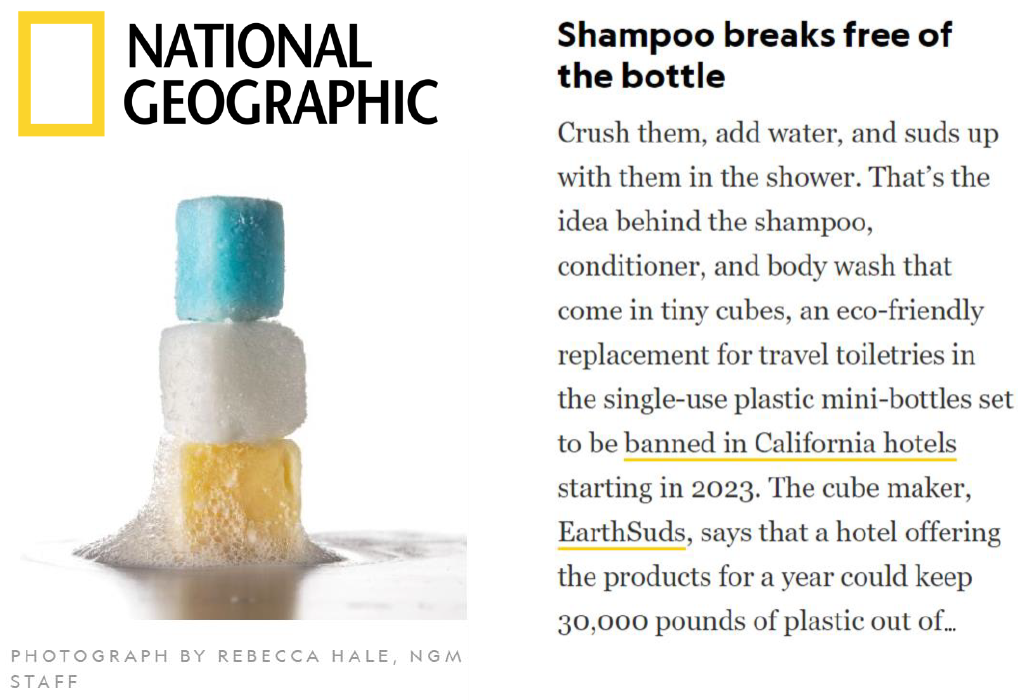 Non-plastic travel shampoo, conditioner, and body wash cubes that are stacked on top of each other. An article from National Geographic about replacing plastic toiletries in hotels.