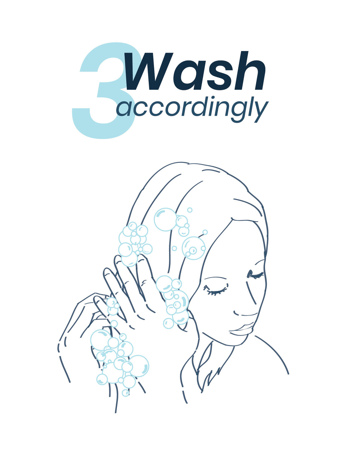 Image of washing hair with EarthSuds biodegradable waterless tablets of unscented shampoo, unscented conditioner, and unscented body wash
