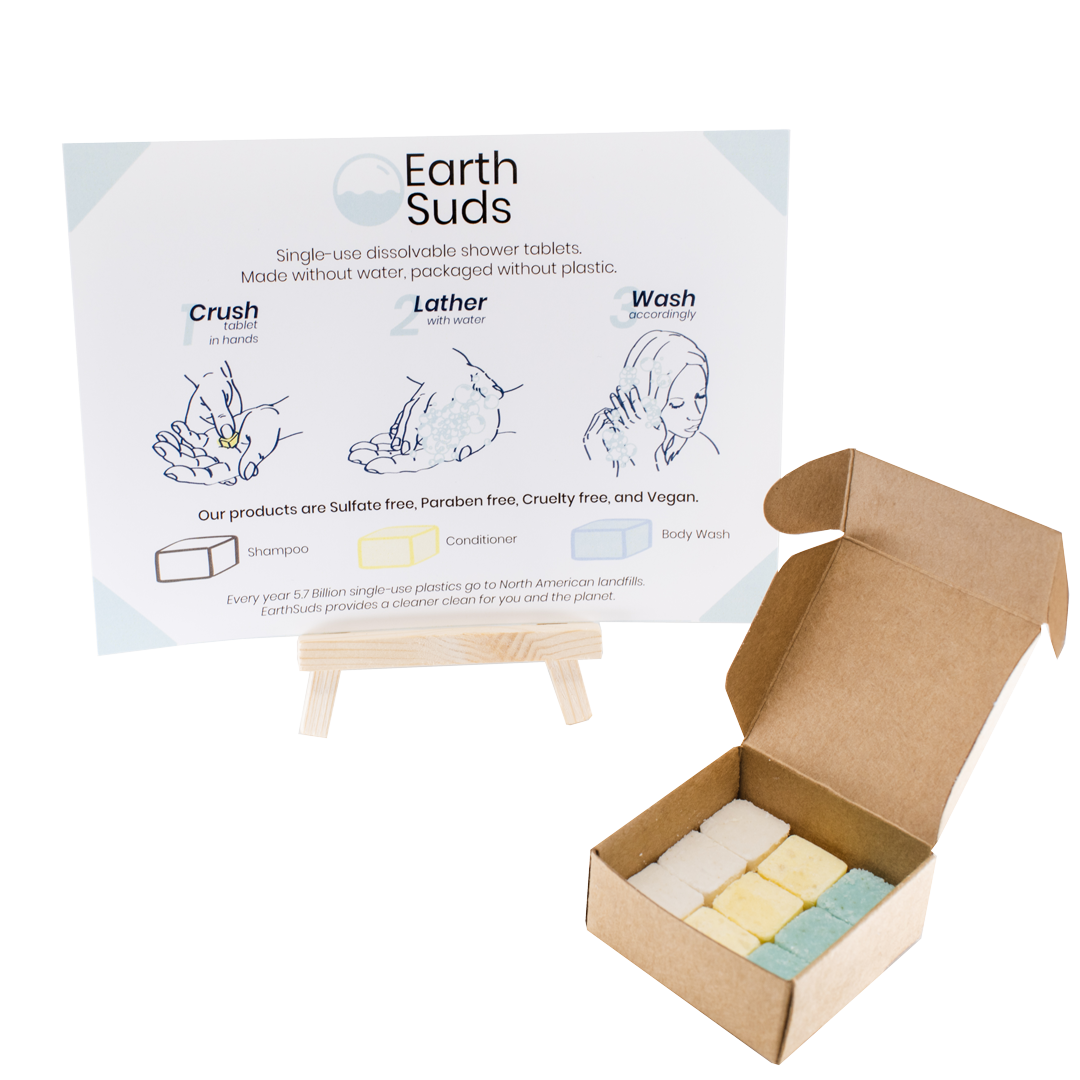 Waterless shampoo, conditioner, body wash suds in recyclable paper box for Airbnbs, hotels, and Bnb with info card on easel describing crush, lather, wash how to use.
